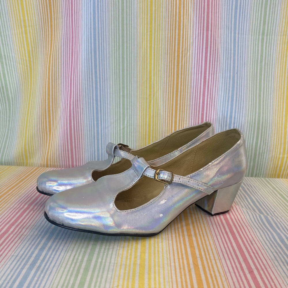 Golden Ponies Marianne T-Bar Mary Jane Heels in Holographic Silver Size 10